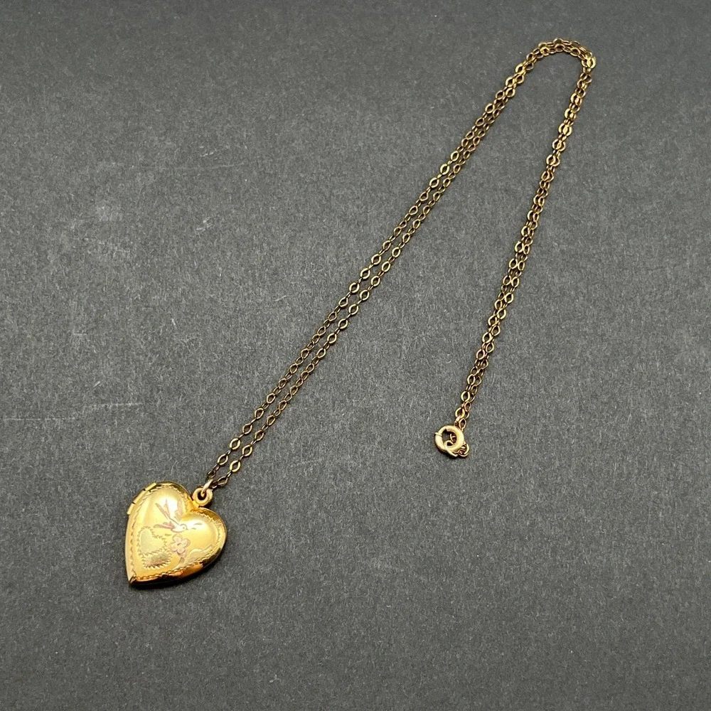 Vintage Gold Filled Heart Locket Necklace Etched Bird Flower 12KT GF 18